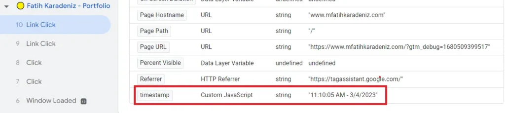 timestamp as custom variable