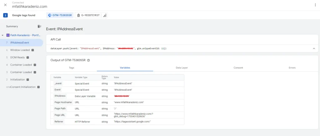 IPAddressEvent GTM Preview Mode